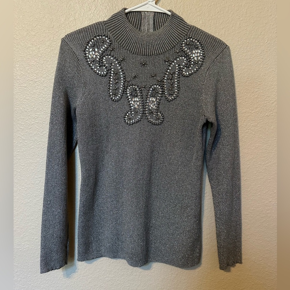 Once Again Holiday Silver Metallic Turtleneck Sweater Top Beaded Detail Size XL